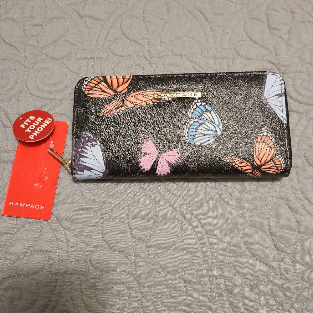 Rampage Women's Long Zip Around Wallet Butterfly Print Wristlet